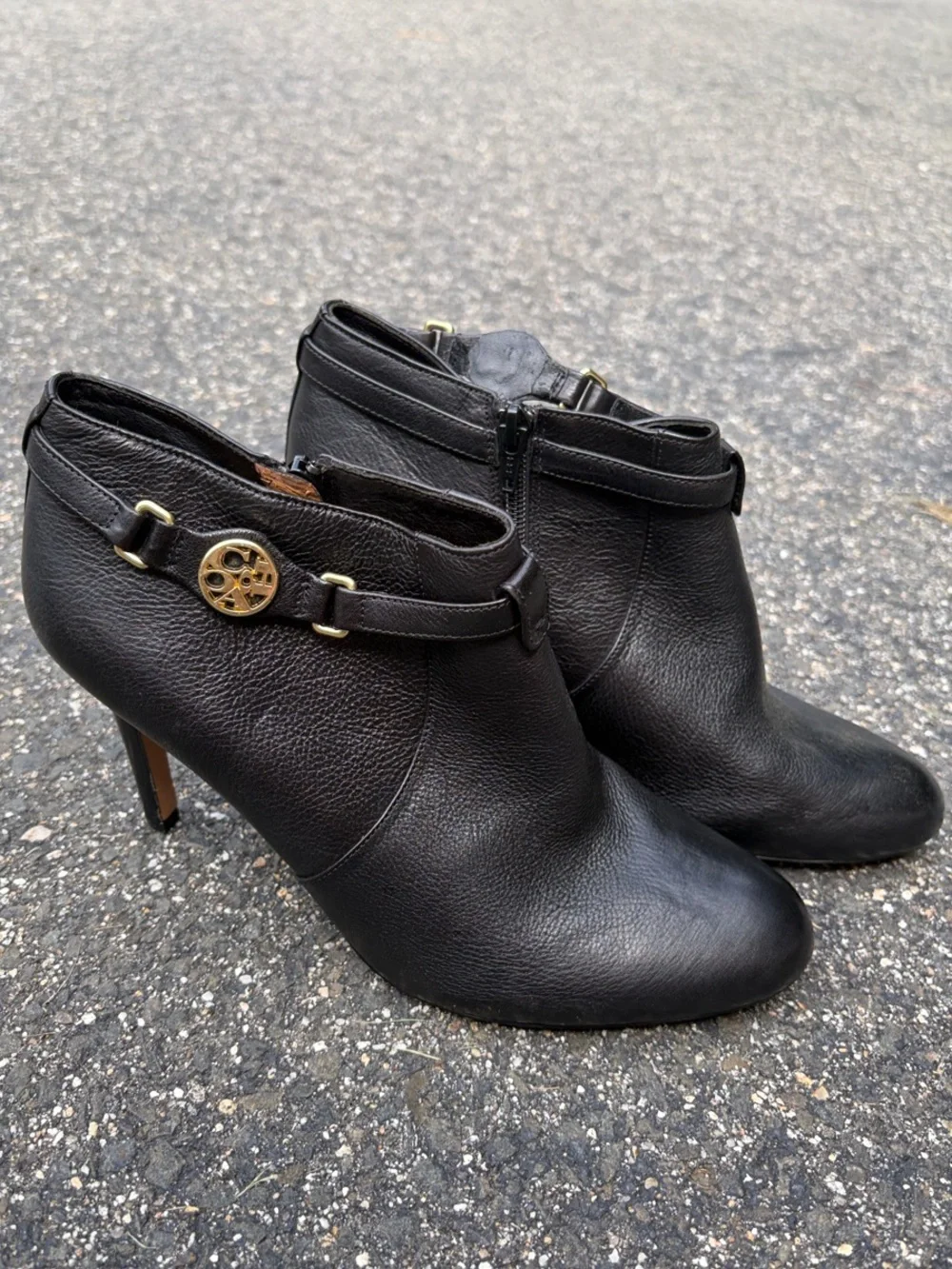 Coach Black Leather Ankle Booties with Gold-Tone Logo Accent